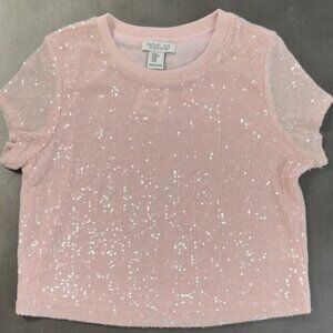 New Rachel Zoe Pink Short Sleeve Top All Over Sequin Shimmering Boxy Tee